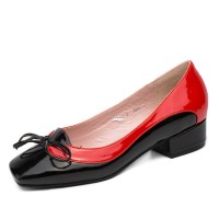Square Toe Butterfly Knot Low Heeled Ballet Flats Pumps - Red Black