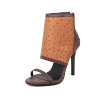 Peep Toe Stiletto Heels Back Zipper Summer Spring Sandals Boots - Brown