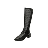 Chunky Heels Back Zipper Knee High Transparent Dots Mesh Boots - Black