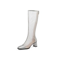 Chunky Heels Back Zipper Knee High Transparent Cut-Out Mesh Boots - Silver