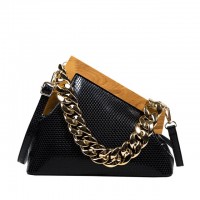 Snake Print Vintages Wooden Clips Trend Shoulder Bags - Black