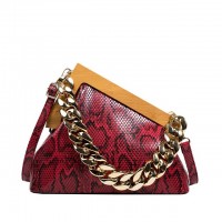 Snake Print Vintages Wooden Clips Trend Shoulder Bags - Red