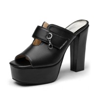 Manhattan Peep Toe Cuban Heels Platform Summer Sandals - Black
