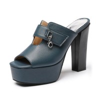 Manhattan Peep Toe Cuban Heels Platform Summer Sandals - Blue