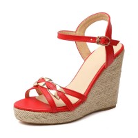 Peep Toe Knitted Straw Wedge Ankle Strap Elegant Sandal  - Red