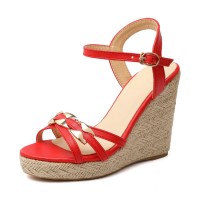 Peep Toe Knitted Straw Wedge Ankle Strap Elegant Sandal  - Red