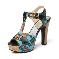 Peep Toe Cuban Heels T Straps Flower Print Platform Sandals - Blue