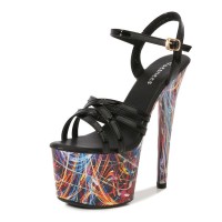 Peep Toe Stiletto 7 Inch Heels Ankle Buckle Straps Neon Pumps - Black