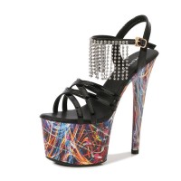 Peep Toe Stiletto 7 Inch Heels Rhinestone Tassels Ankle Buckle Straps Neon Pumps - Black