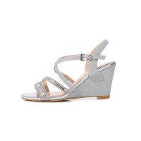 Peep Toe Buckle X Strap Wedge Platform Rhinestones Sandals  - Silver