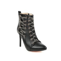 Pointed Toe Stiletto Heels Chain Lace Up Side Zipper Punk Boots - Black