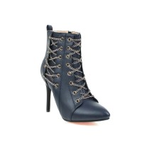 Pointed Toe Stiletto Heels Chain Lace Up Side Zipper Punk Boots - Blue