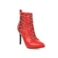 Pointed Toe Stiletto Heels Chain Lace Up Side Zipper Punk Boots - Red
