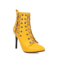 Pointed Toe Stiletto Heels Chain Lace Up Side Zipper Punk Boots - Yellow