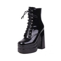 Round Toe Chunky Heels Side Zipper Platforms Ankle Straps LaceUp Boots - Black