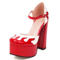 Round Toe Flame Stitched Chunky Heels Ankle Buckle Straps Dorsay Platforms Pumps - Red
