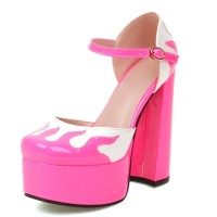 Round Toe Flame Stitched Chunky Heels Ankle Buckle Straps Dorsay Platforms Pumps - Rose