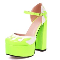 Round Toe Flame Stitched Chunky Heels Ankle Buckle Straps Dorsay Platforms Pumps - Neon Yellow