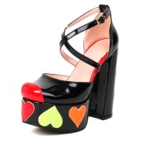 Round Toe Heart Stitched Chunky Heels Ankle Buckle Cross Straps Dorsay Platforms Pumps - Black
