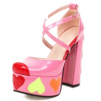 Round Toe Heart Stitched Chunky Heels Ankle Buckle Cross Straps Dorsay Platforms Pumps - Pink