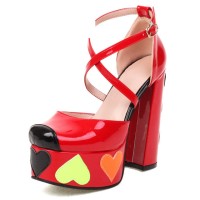 Round Toe Heart Stitched Chunky Heels Ankle Buckle Cross Straps Dorsay Platforms Pumps - Red