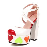 Round Toe Heart Stitched Chunky Heels Ankle Buckle Cross Straps Dorsay Platforms Pumps - White