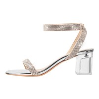 Peep Toe Rhinestones Ankle Buckle Straps Transparent Chunky Heels Sandals - Silver Patent