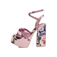 Chunky Heels Peep Toe Platforms Rose Print Ankle Buckle Straps Sandals - Pink