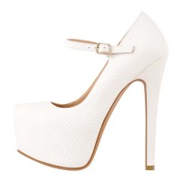 Pointed Toe Stiletto Heels Platforms Wicker Surface Pattern Mary Janes Pumps - White Faux Leather