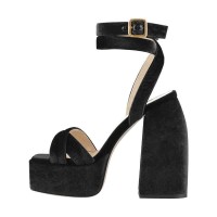 Square Open Toe Chunky Heels Ankle Buckle Straps Platforms Sandals - Black