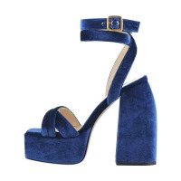 Square Open Toe Chunky Heels Ankle Buckle Straps Platforms Sandals - Blue
