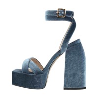 Square Open Toe Chunky Heels Ankle Buckle Straps Platforms Sandals - Light Blue