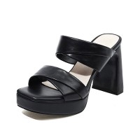 Peep Toe Platforms Chunky Heels Slippers Sandals - Black