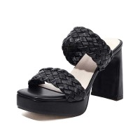 Peep Toe Chunky Heels Knitted Platforms Slippers Sandals - Black