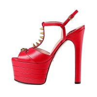Chunky Heels Platform Peep Toe Rivet Decorated Ankle Buckle T Straps - Red