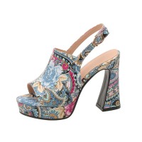 Peep Toe Platforms Chunky Heels Slingback Floral Print Sandals - Blue