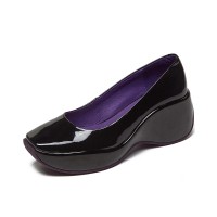 Square Toe Platforms Patent Wedges Loafers - Black