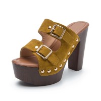 Chunky Heels Platform Peep Toe Buckle Flock Outdoor Rivet Sandals  - Yellow