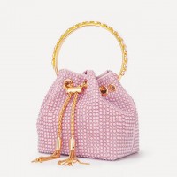 Chain Metal Ring Handle Ceramic Beads Bucket Purse Bags - Light Purple