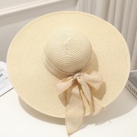 Brim Beach Visor Ribbon Summer Straw Fashion Hat - Beige