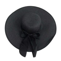 Brim Beach Visor Ribbon Summer Straw Fashion Hat - Black