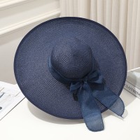 Brim Beach Visor Ribbon Summer Straw Fashion Hat - Navy