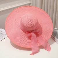 Brim Beach Visor Ribbon Summer Straw Fashion Hat - Pink