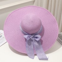 Brim Beach Visor Ribbon Summer Straw Fashion Hat - Purple