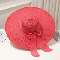 Brim Beach Visor Ribbon Summer Straw Fashion Hat - Red