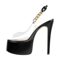 Peep Toe Stiletto Heels Transparent Ankle Chain Slingback Platforms Sandals - Black PVC