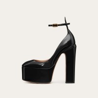 Round Toe Chunky Heels Platforms Ankle Straps Pumps - Black