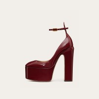 Round Toe Chunky Heels Platforms Ankle Straps Pumps - Red Wine