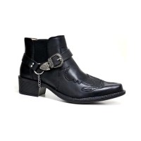 Pointed Toe Ankle Rustic Buckle Straps Western Chain Decorated Chelsea Boots  - Black