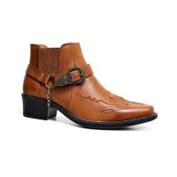 Pointed Toe Ankle Rustic Buckle Straps Western Chain Decorated Chelsea Boots  - Brown